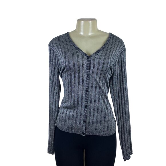 Sag Harbor Womens Gray Acrylic/Lurex Button-Up V-Neck Cardigan Sweater Size 12 - Picture 1 of 6